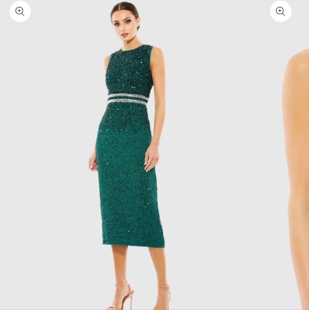 Mac Duggal Emerald Green Sequin Midi Dress with Silver Waistband